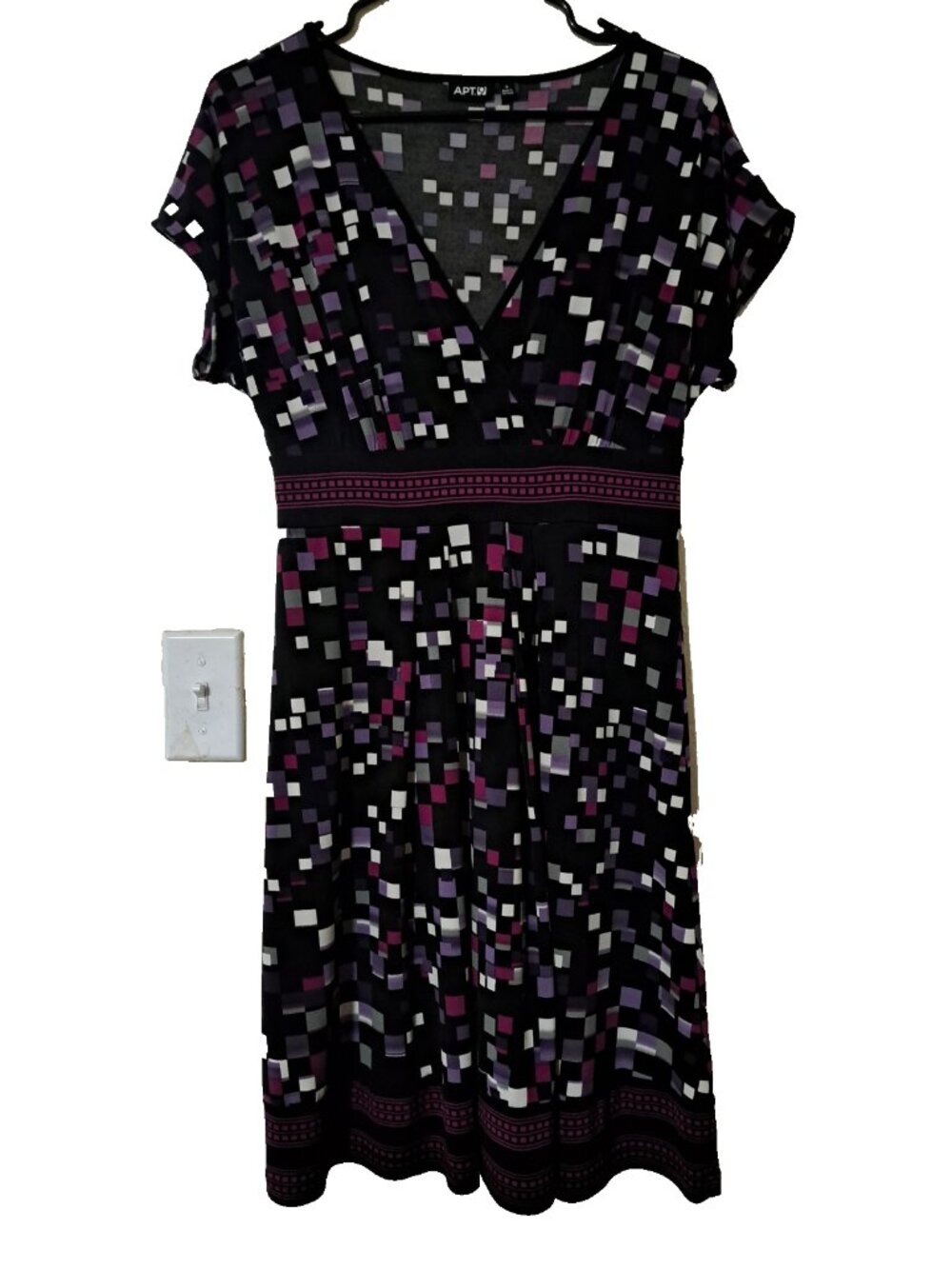 Apt 9 Womens Dress Small Black Purple Vneck Short Sleeve Spring Square Details